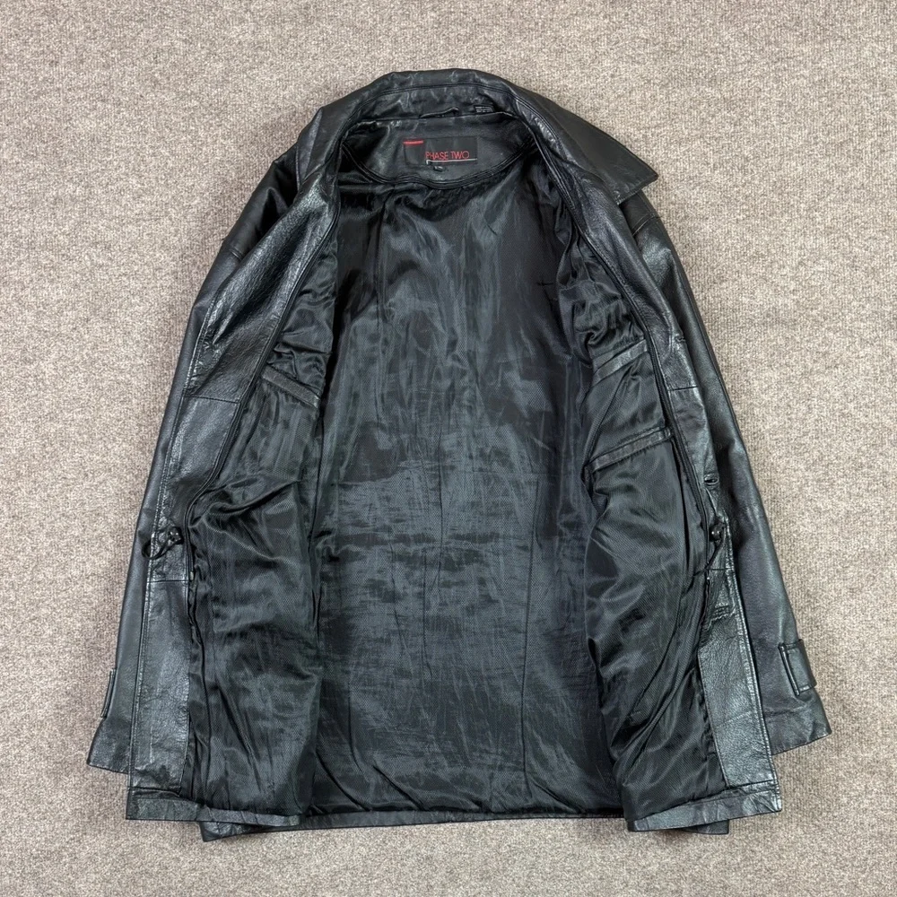 VTG Black Genuine Leather Jacket Men’s XL Button Front Collared Drawstring Waist